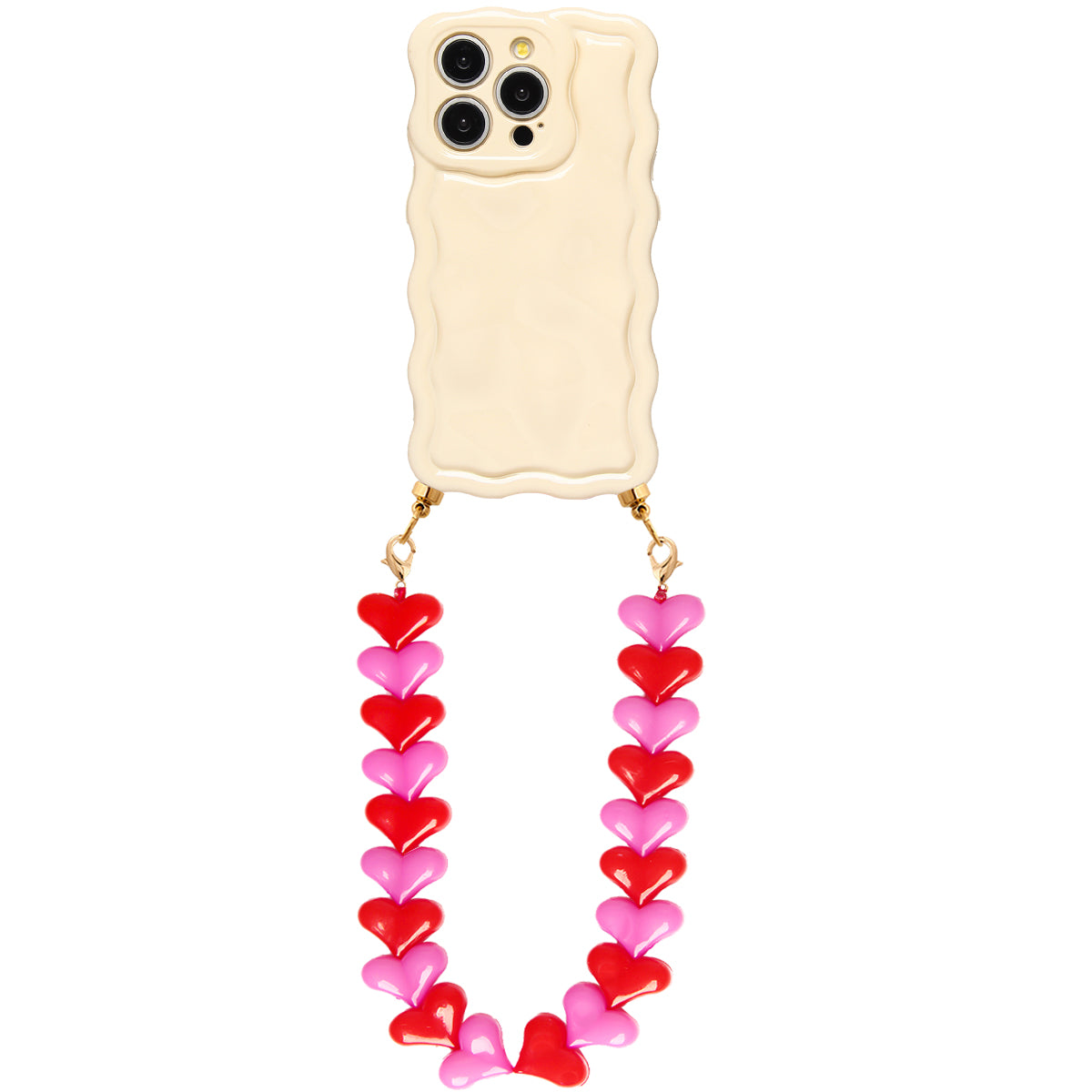 Wavy cream phone case with red & pink hearts cord