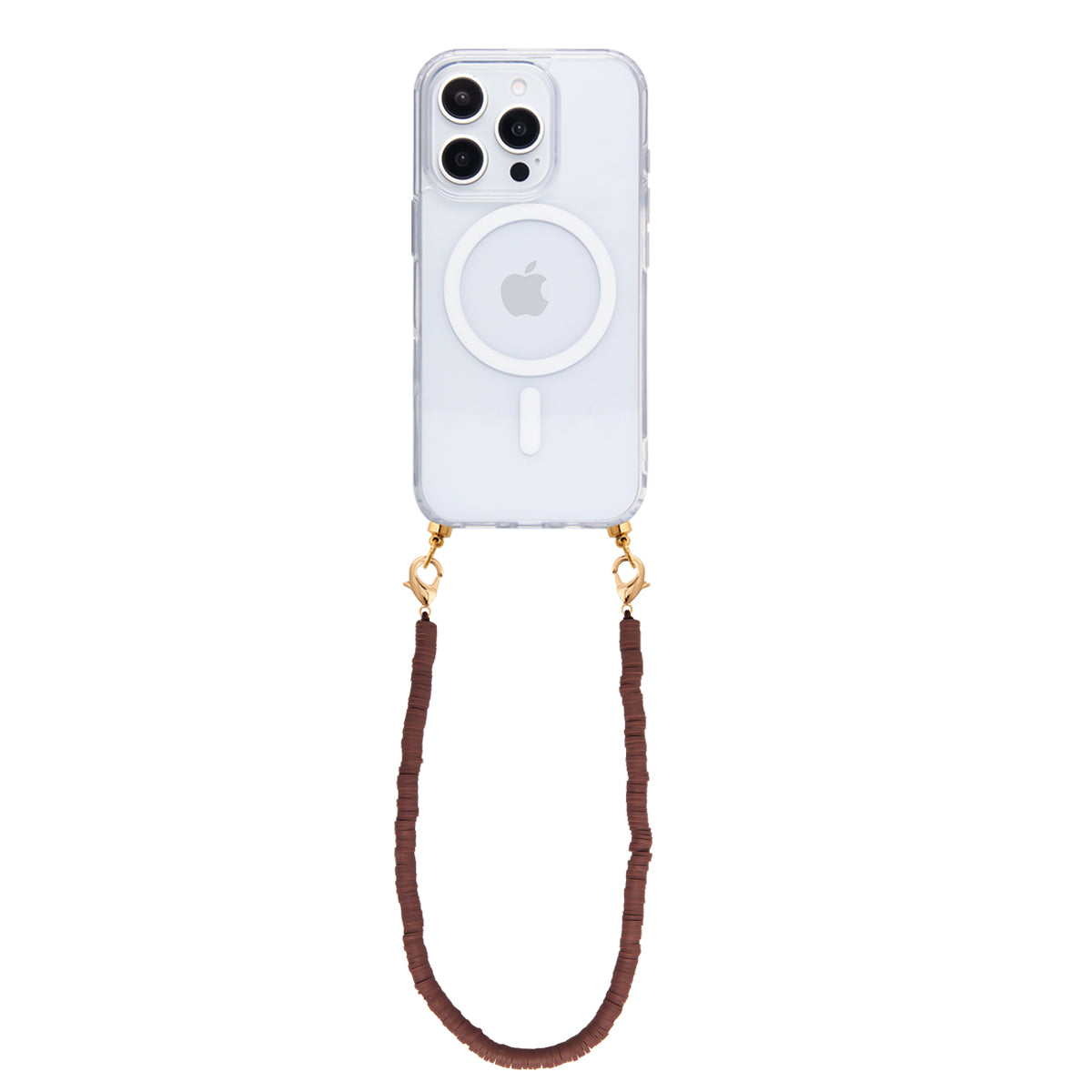 Transparent MagSafe phone case with dark chocolate cord