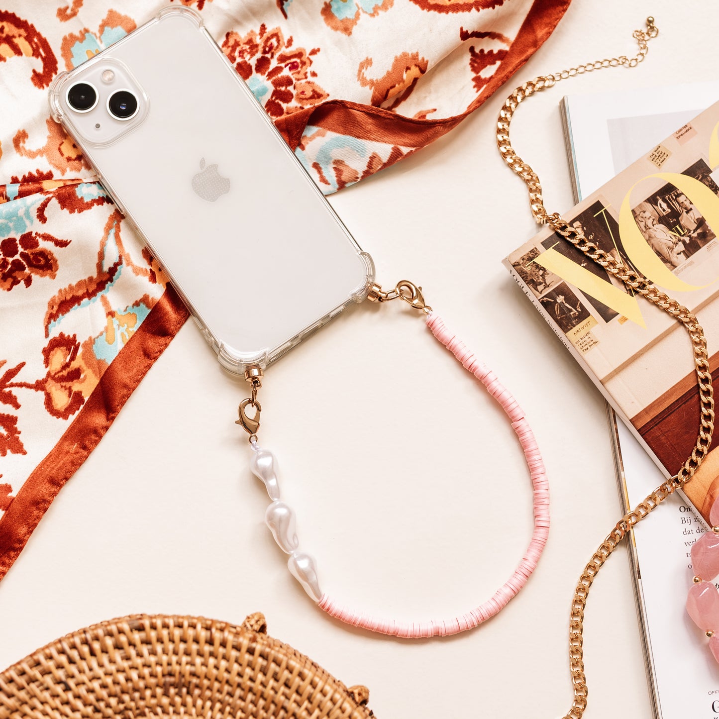 Phone case with pearl blossom cord