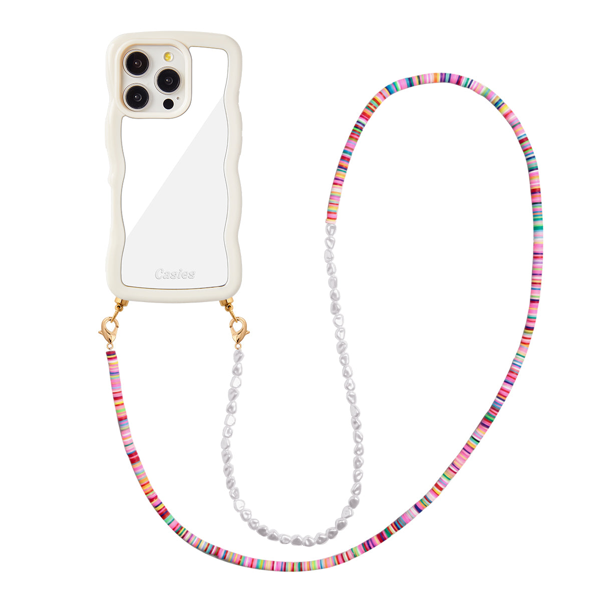 Wavy mirror phone case with long candy & pearl cord