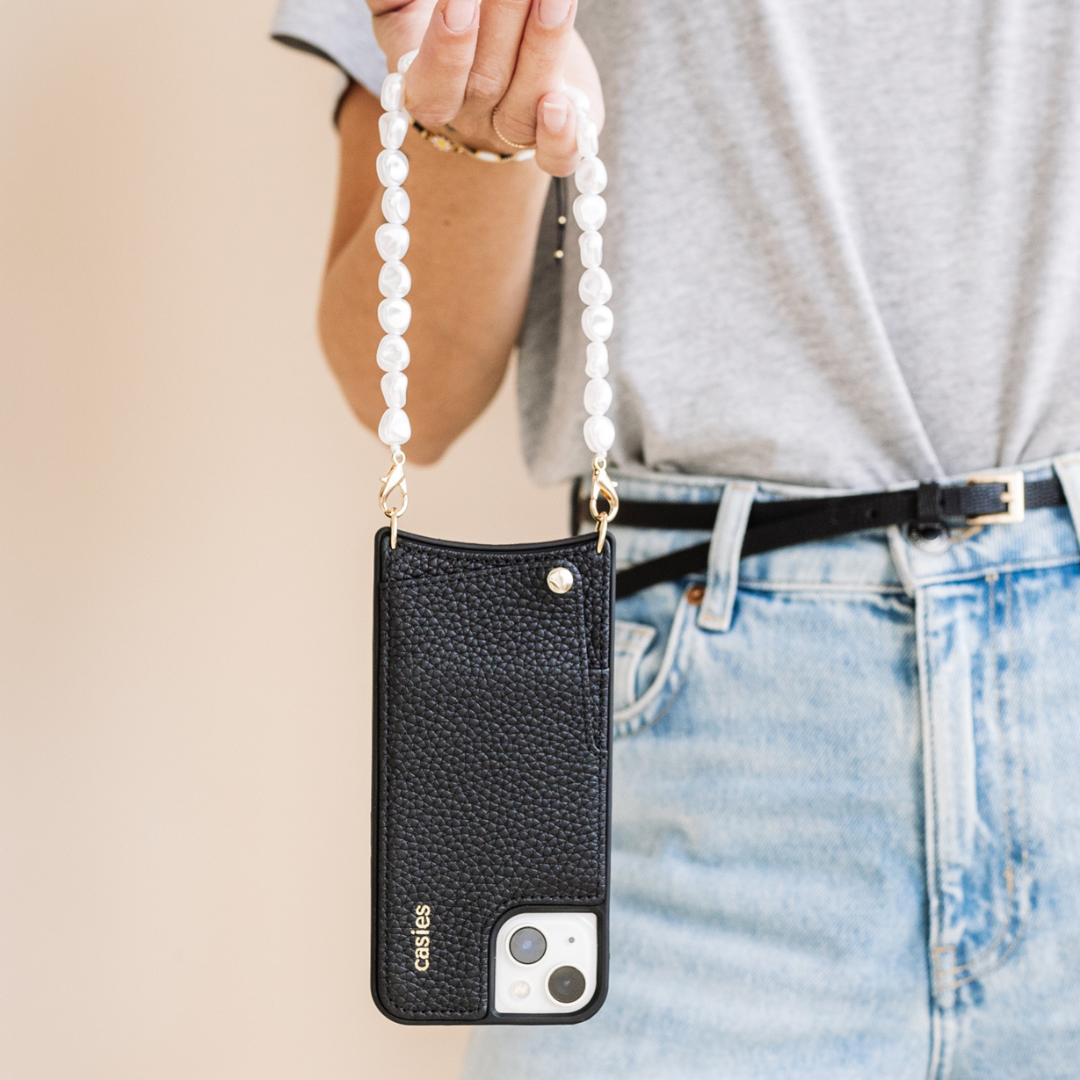 Leather phone case with pearl cord - Black