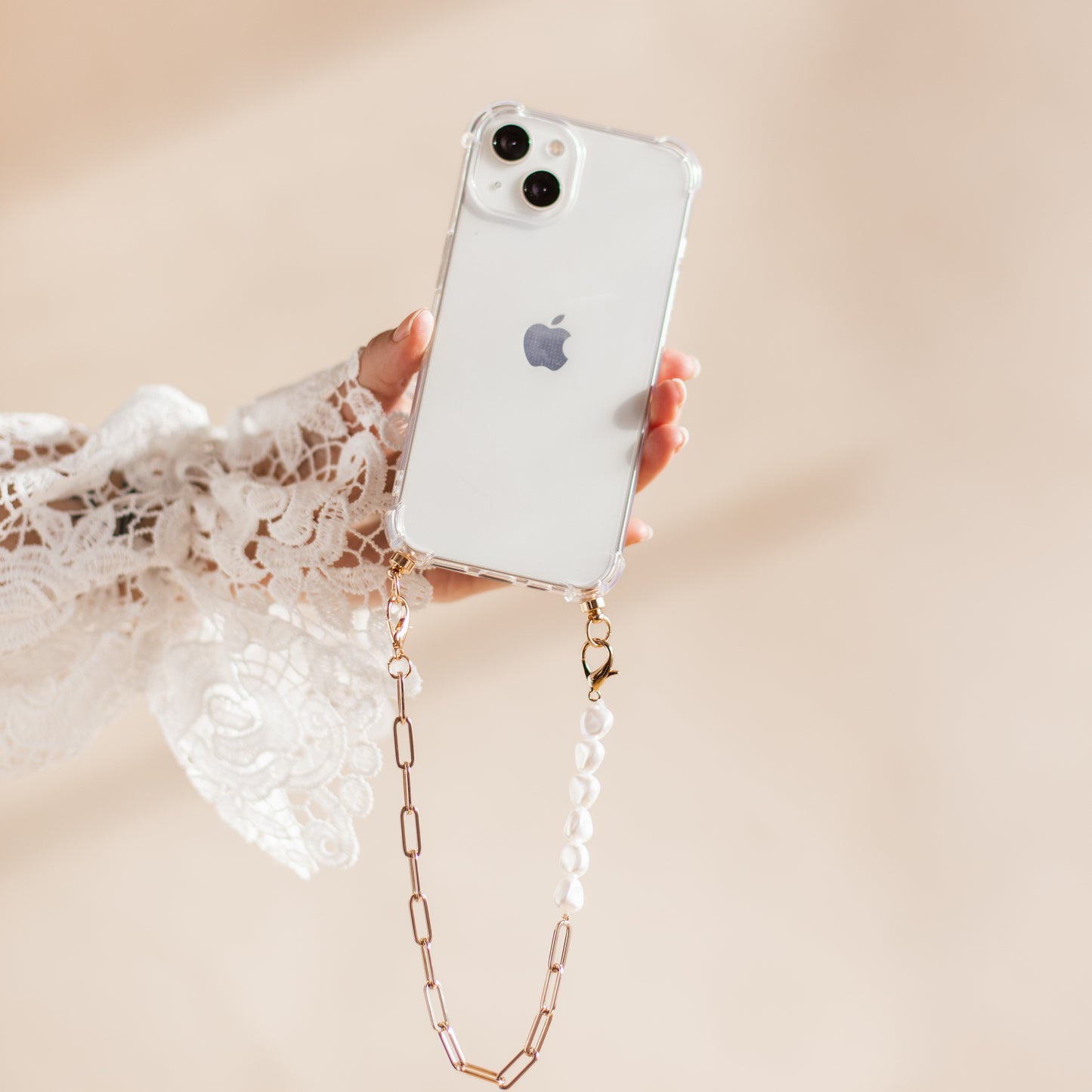 Phone case with gold & pearl cord