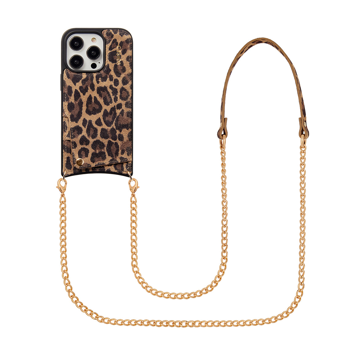 Leopard leather phone case with bandolier cord