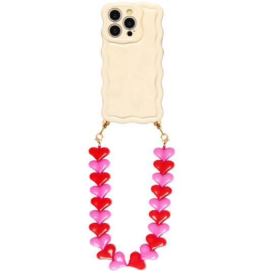 Wavy creme phone case with red & pink hearts cord