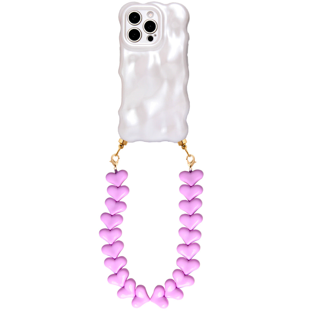 Bubbly white phone case with purple hearts cord