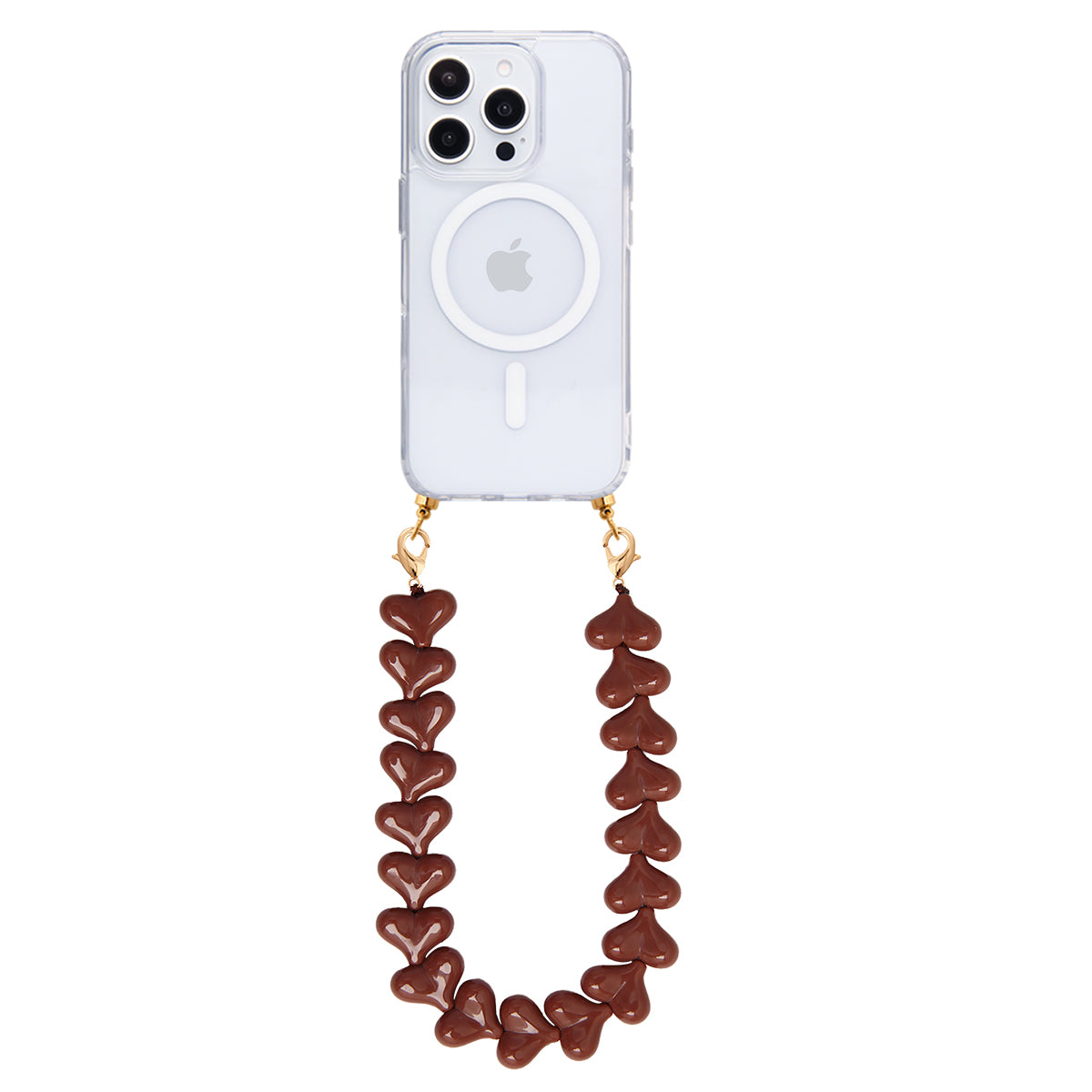 Transparent MagSafe phone case with dark chocolate hearts cord