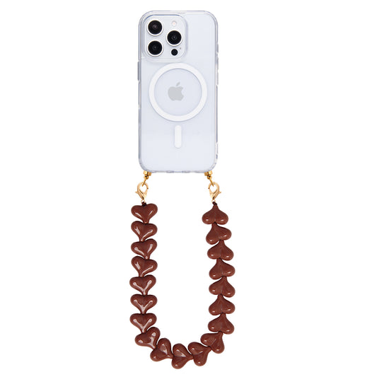 Transparent MagSafe phone case with dark chocolate hearts cord
