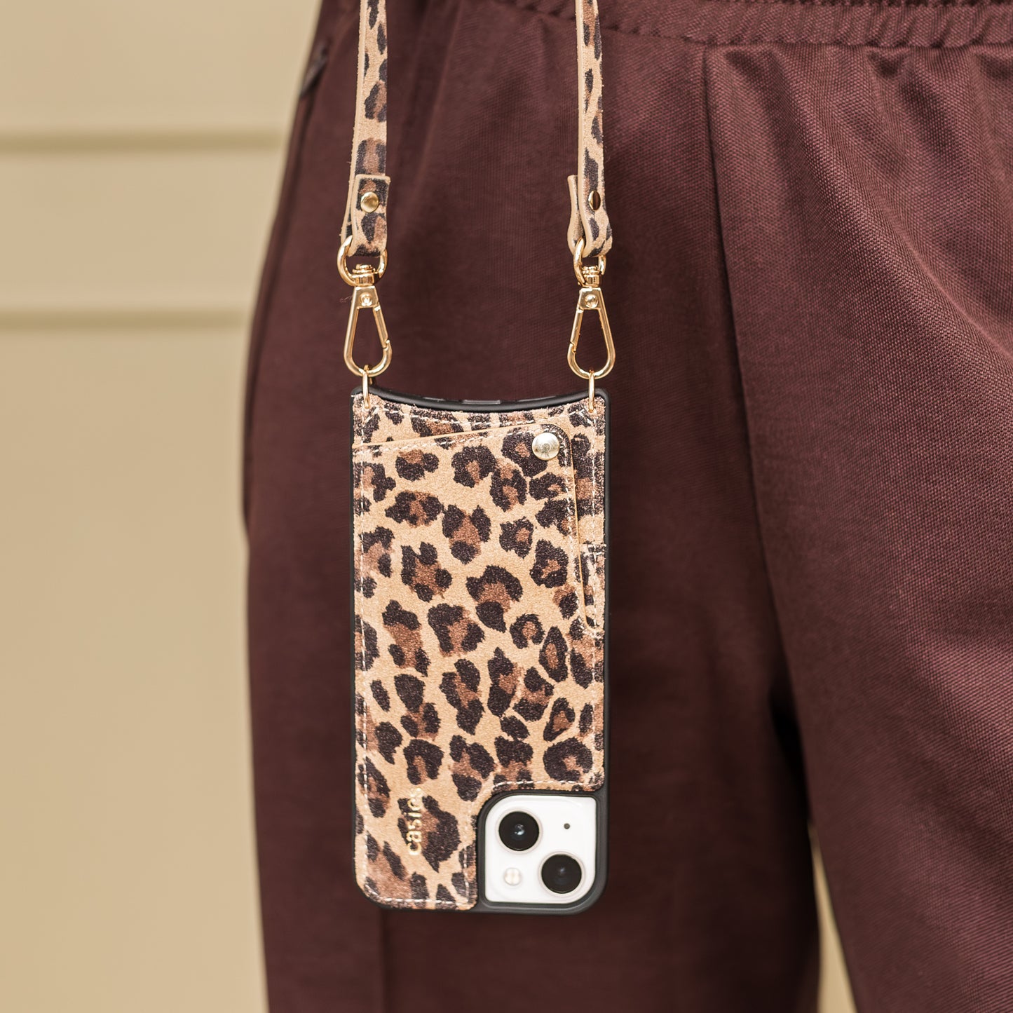Leopard leather phone case with cord