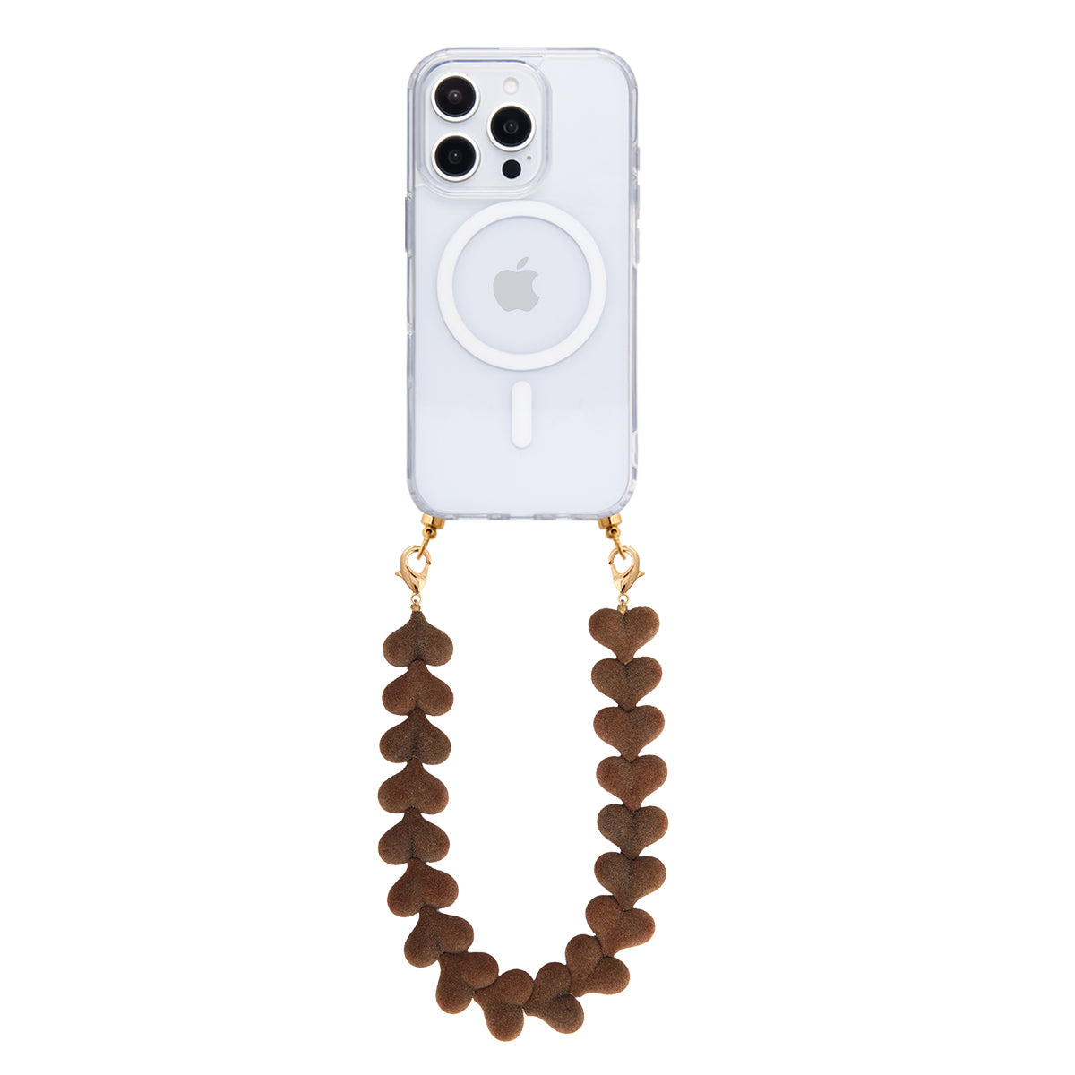 Transparent MagSafe phone case with dark velvet hearts cord