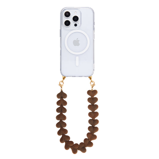 Transparent MagSafe phone case with dark velvet hearts cord