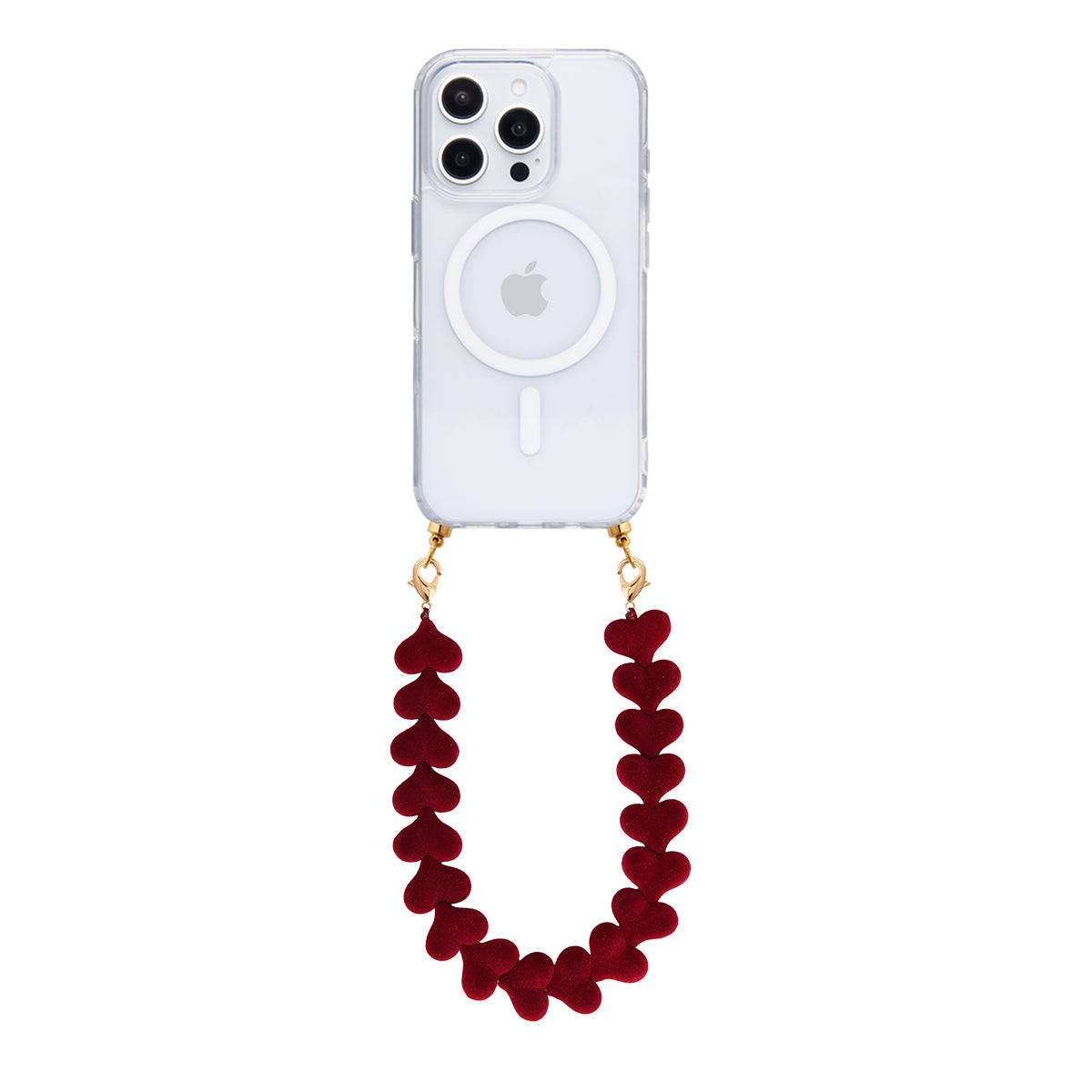 Transparent MagSafe phone case with burgundy red velvet hearts cord