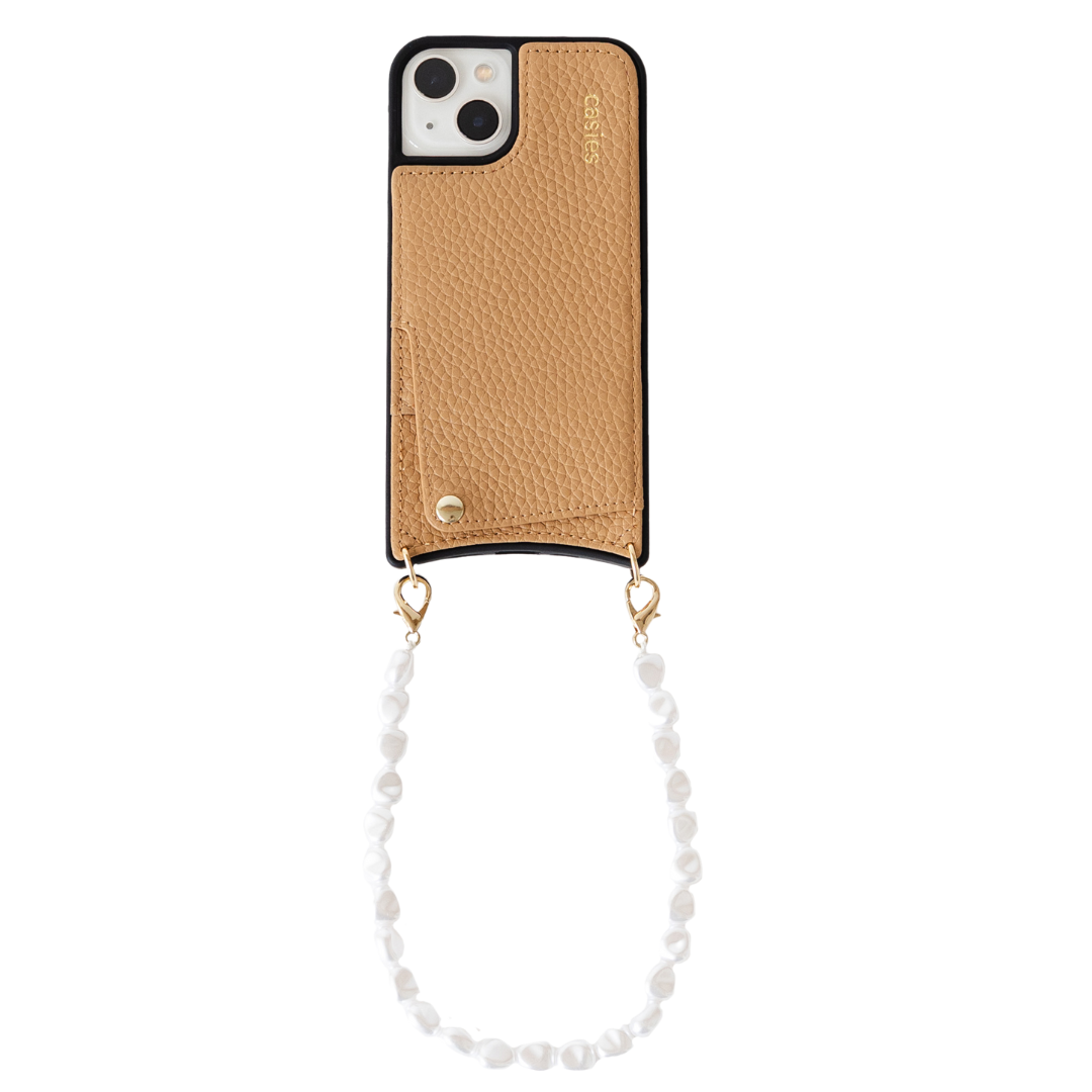Leather phone case with pearl cord - Brown