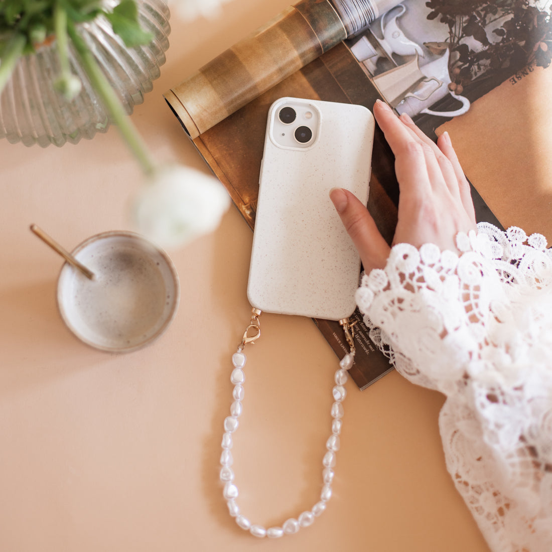 Biodegradable phone case with pearl cord