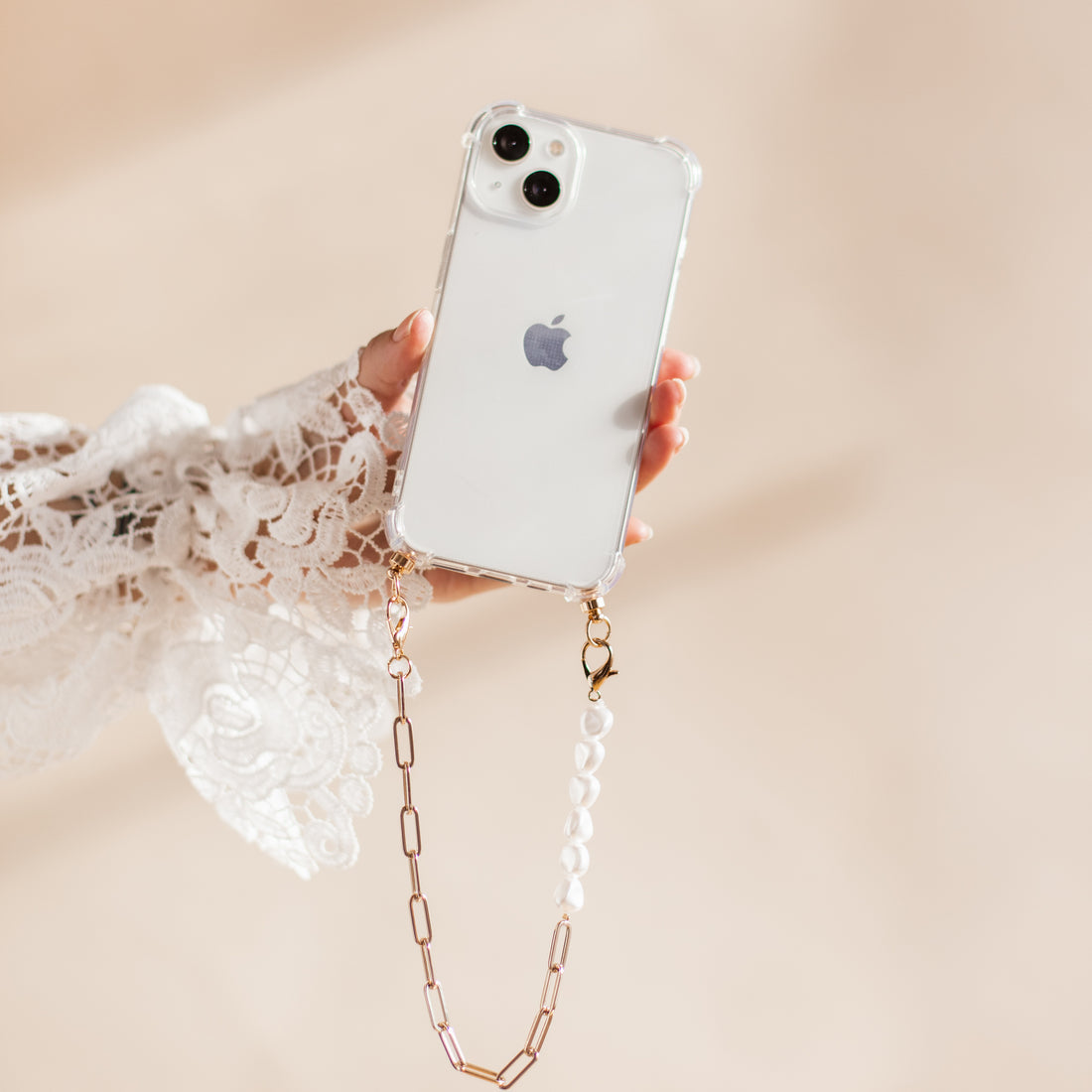Phone case with gold &amp;amp; pearl cord