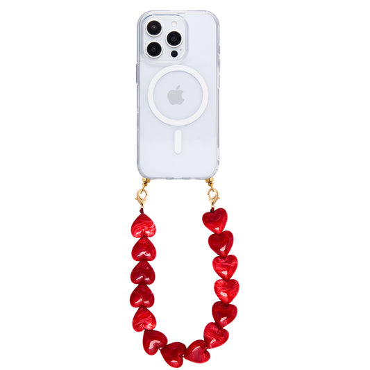 Transparent MagSafe phone case with cherry glow hearts cord