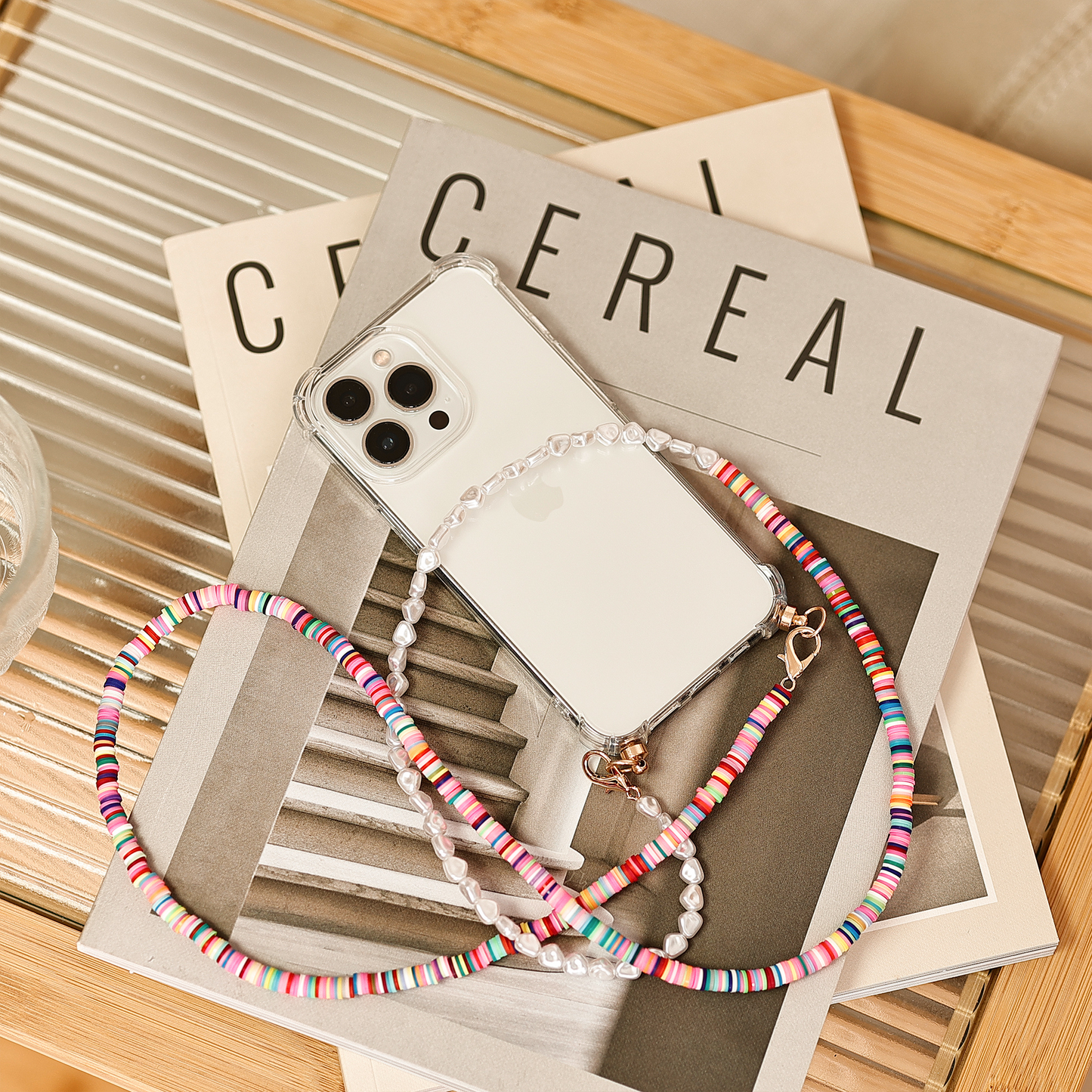 Phone case with long candy &amp; pearl mix cord