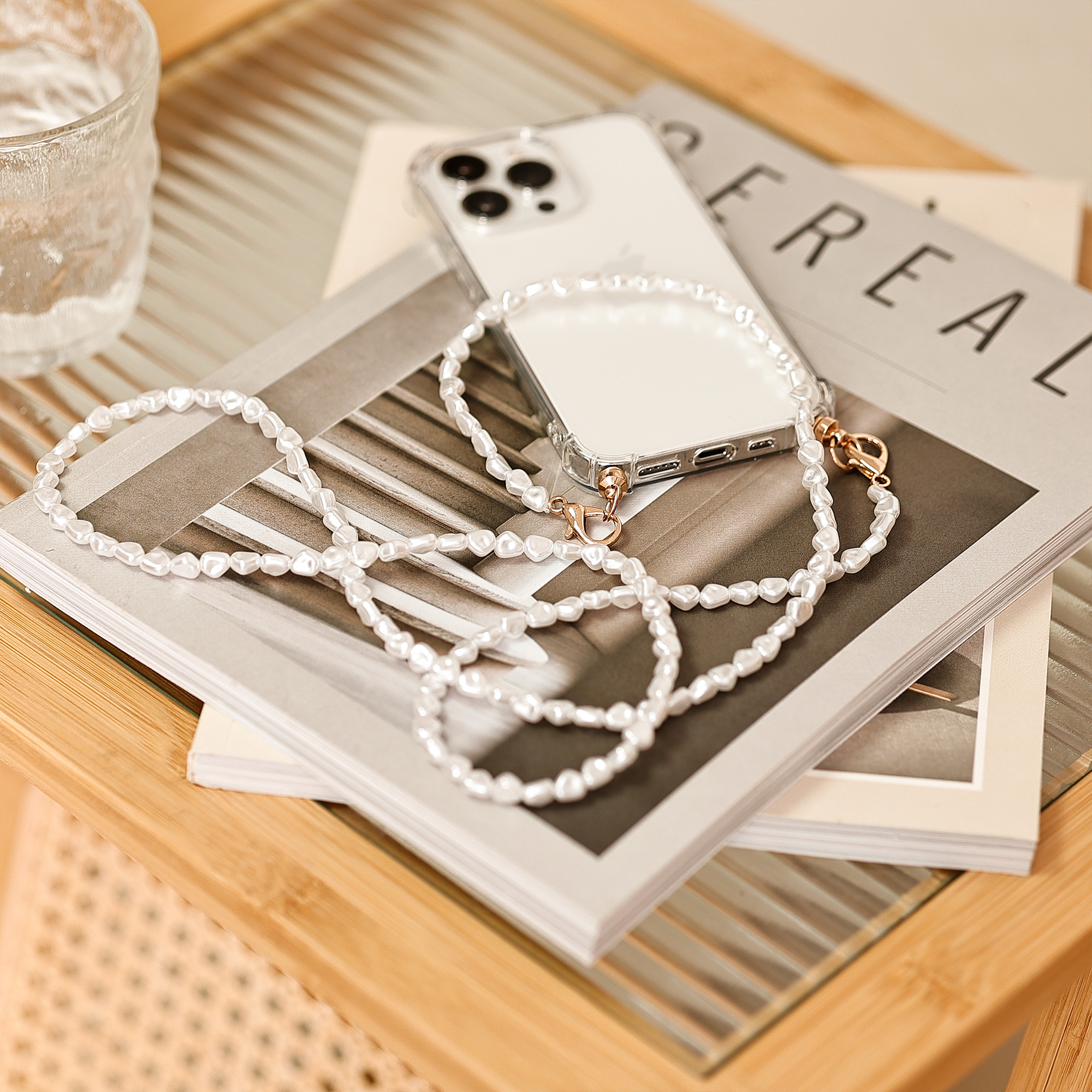 Phone case with long pearl cord